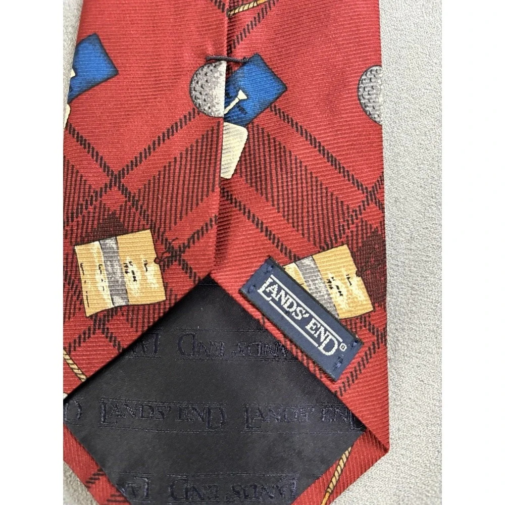 Vintage Lands End Silk‎ Novelty Golf Neck Tie Plaid Teacher USA Coach Preppy Dad